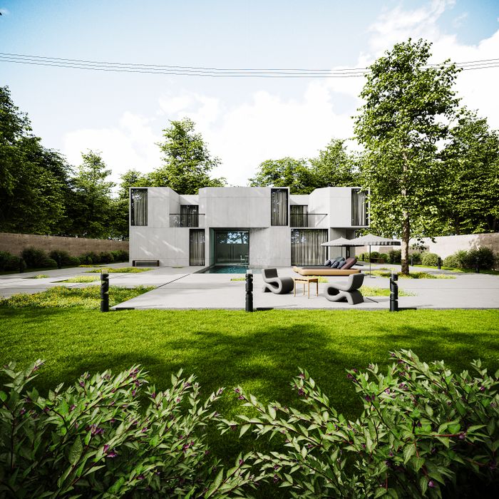 Contemporary architectural house surrounded by vibrant greenery and landscaped garden.