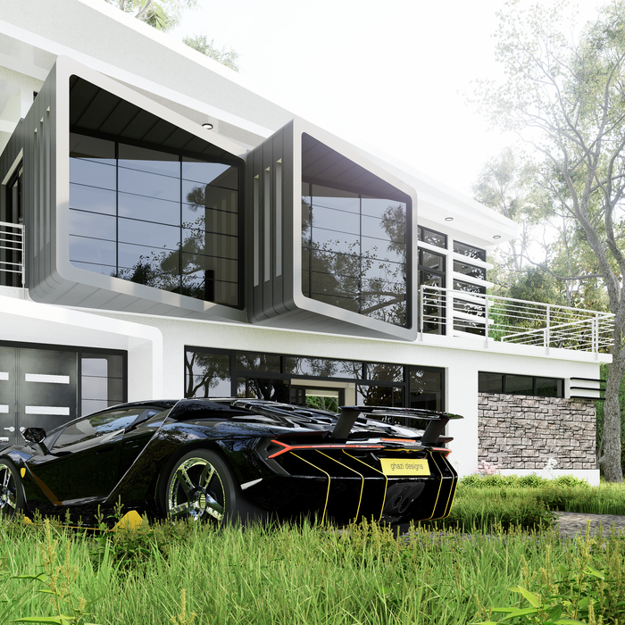 A stylish modern mansion with a sleek sports car parked outside, emphasizing luxury and design.