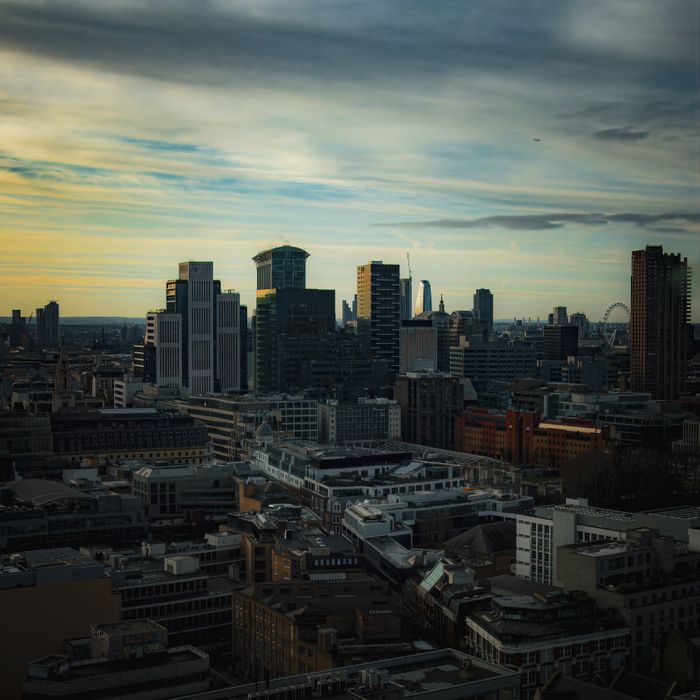 Captivating view of London's skyline at dusk, showcasing iconic skyscrapers and cityscape.